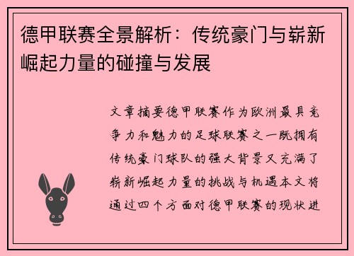德甲联赛全景解析：传统豪门与崭新崛起力量的碰撞与发展