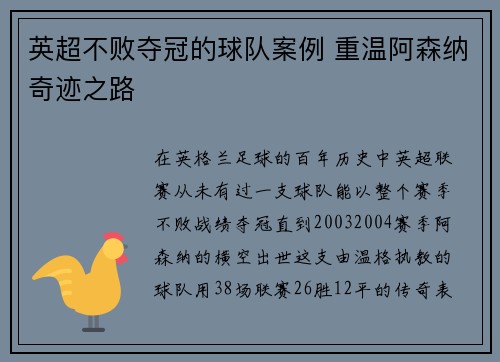 英超不败夺冠的球队案例 重温阿森纳奇迹之路